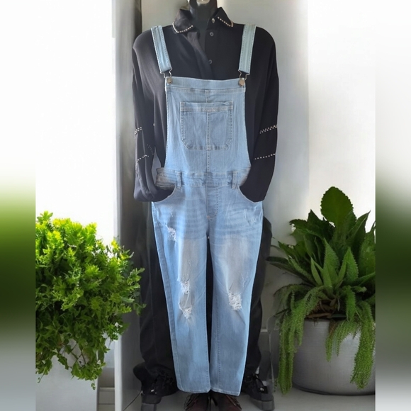 Wax Jean Distressed Bib Style Light Wash Denim Overalls ✨️ - Picture 2 of 11